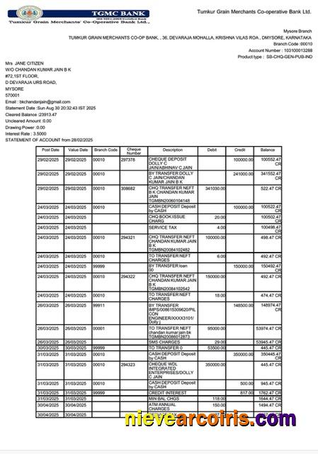 India Tumkur Grain Merchants Co-operative Bank statement of account Word and PDF